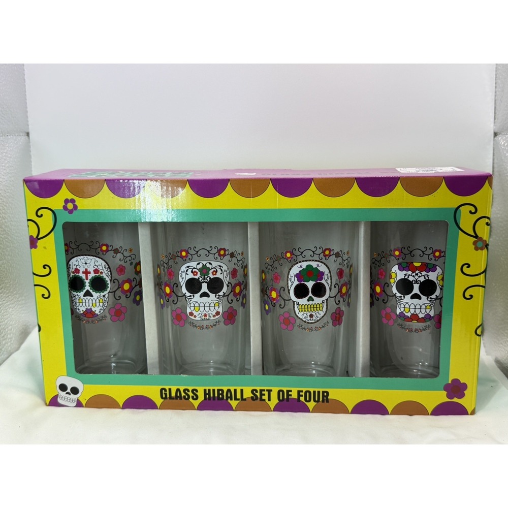 Sugar Skulls Glass HIBall Set OF 4 12 oz.